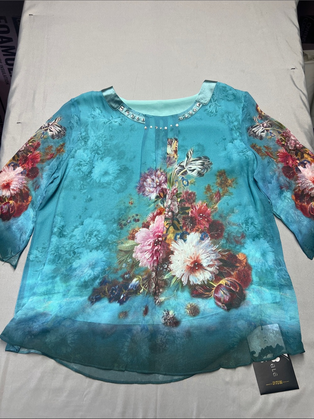 Lesele Teal Blue Floral 100% Mulberry Silk Rhinestone Blouse XL YGS22-BS2110-59